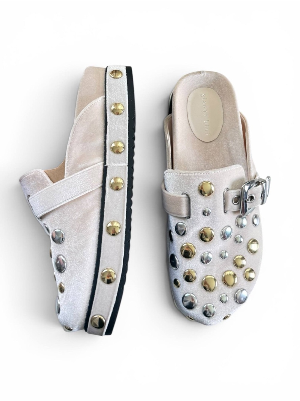 Gianni Bini Women Cream Studded Clog Mule Gold Silver Stud Buckle Size 6 NWT - Picture 6 of 8